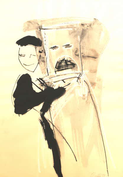 Susanne Beckh - Mit Maske, 65 x 47, Tusche mit Kreide, 1999