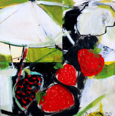 Susanne Beckh - 'Erdbeeren mit weißem Schirm', 30 x 30, Acryl und Collage, 2019